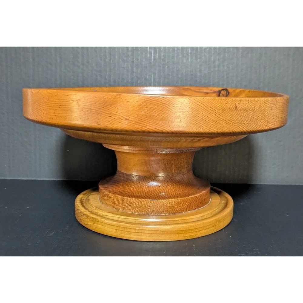 Vintage‎ Mid-Century Rustic Hand Turned Lipped Pedestal Bowl Green Felted Bottom